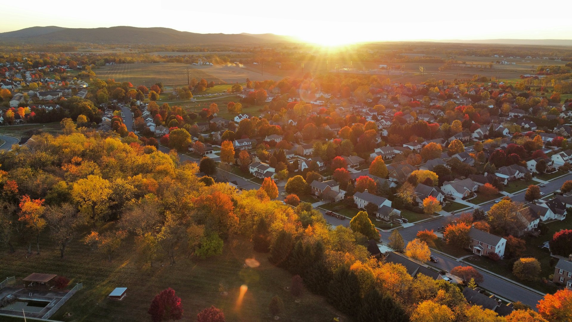 Aerial view of a Pennsylvania neighborhood in autumn
